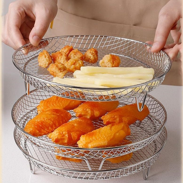 Air Fryer Barbecue Grill Round 3-Layer Stacked Mesh Oven Accessories 304 Stainless Steel Grilling Mesh Dehydration Rack Drain Rack
